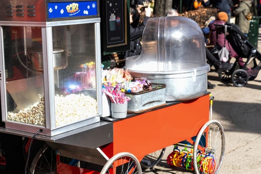 Retro Popcorn popper Machine in the park. Copenhagen, Denmark - April 9, 2024.