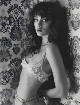 A monochrome photo of a fashion model in a lingerie top and jeans, showcasing her waist, chest, and navel. The background features a plant, captured with flash photography