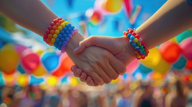 A close-up of intertwined hands wearing rainbow bracelets, set against a backdrop of a vibrant pride festival with flags and balloons..