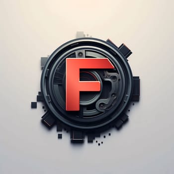 Graphic alphabet letters: 3d rendering of red letter F in black gear box on white background