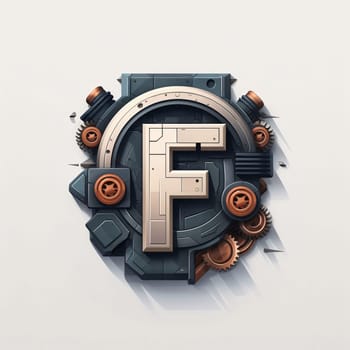 Graphic alphabet letters: Mechanical alphabet letter F with gears and cogwheels. 3D rendering