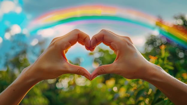 A close-up of two hands forming a heart shape, with a rainbow in the background, highlighting the themes of pride and love.