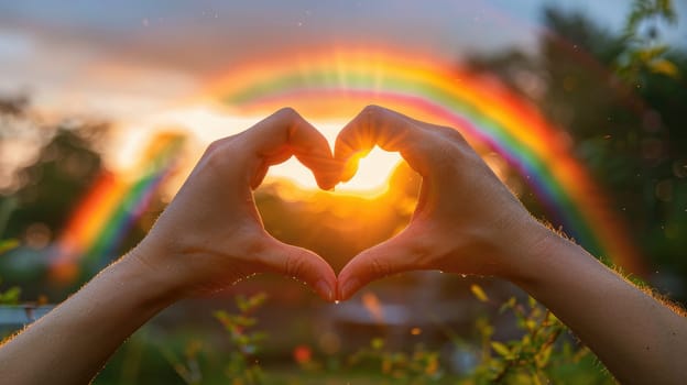 A close-up of two hands forming a heart shape, with a rainbow in the background, highlighting the themes of pride and love.