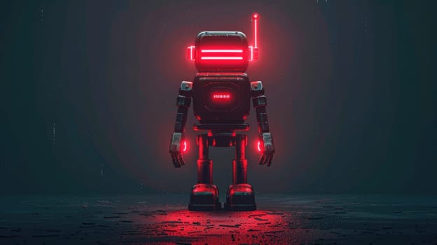 A robot is standing on a black surface.