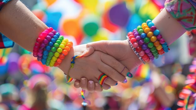 A close-up of intertwined hands wearing rainbow bracelets, set against a backdrop of a vibrant pride festival with flags and balloons..