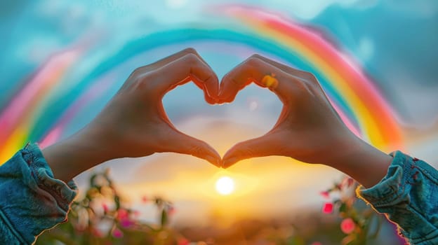 A close-up of two hands forming a heart shape, with a rainbow in the background, highlighting the themes of pride and love.