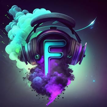 Graphic alphabet letters: Digital illustration of headphones in colour smoke with letter F in abstract background