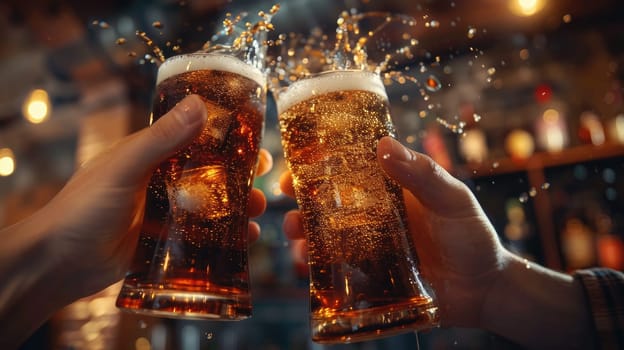 Two people are holding up two glasses of soda, one of which is almost empty.