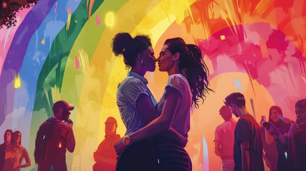 A romantic moment between two people embracing in front of a large rainbow mural, surrounded by supportive friends and allies, highlighting pride and acceptance..