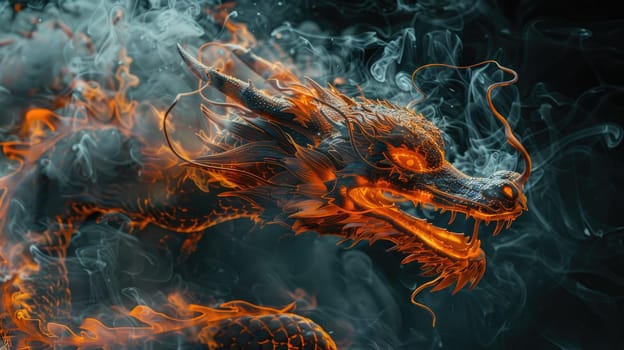 Image of dragon with colorful smoke on black background. Mythical creatures. Illustration.