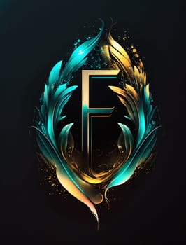 Graphic alphabet letters: F letter in golden laurel wreath on black background. Vector illustration.