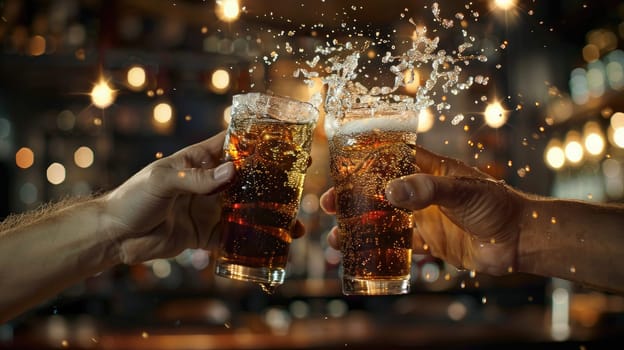 Two people are holding up two glasses of soda, one of which is almost empty. The other is almost full