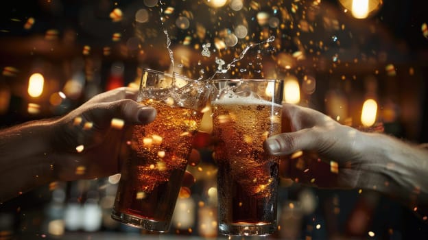 Two people are holding up two glasses of soda, one of which is almost empty.