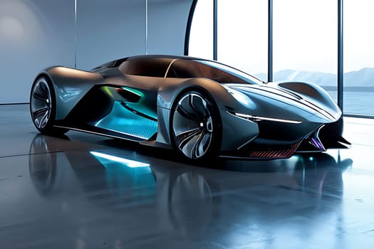 A sports car parked in a room. High quality photo