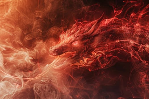 Image of dragon with colorful smoke on black background. Mythical creatures. Illustration.