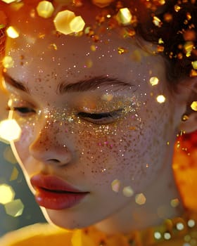 A closeup of a womans face with glitter on her eyelashes, smiling and happy. She radiates beauty and fun, perfect for a special event or tradition. The photomontage includes fashion accessories