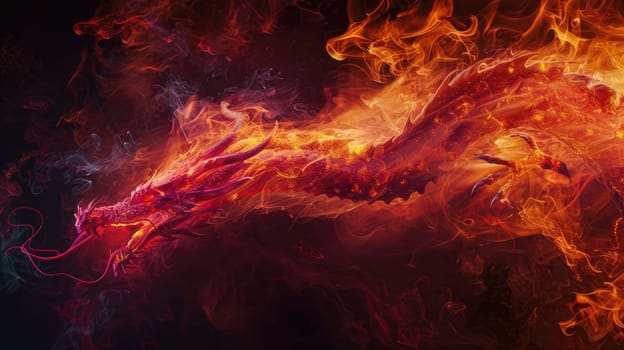 Image of dragon with colorful smoke on black background. Mythical creatures. Illustration.