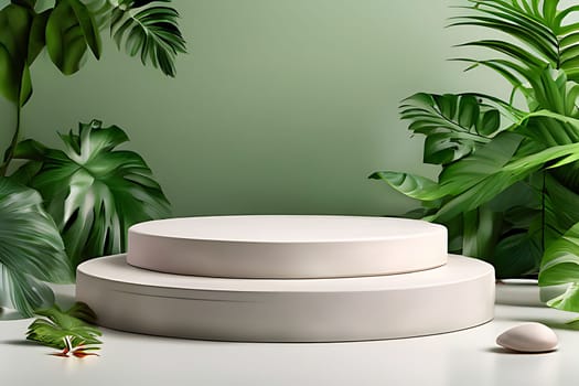 A round white podium with a green wall and plants. High quality photo