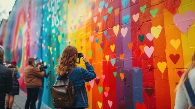 A colorful mural featuring a rainbow and heart motifs, with people taking photos and celebrating around it, capturing the spirit of pride and love.