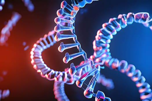 A dna strand with red and blue lights. High quality photo