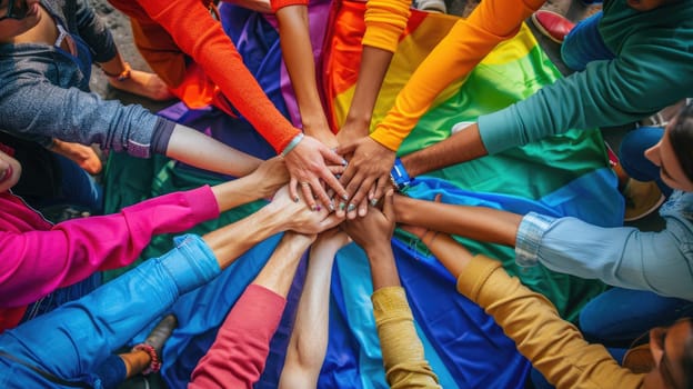 A diverse group of people holding hands in a circle, with a vibrant rainbow flag in the center, symbolizing unity, pride, and love.