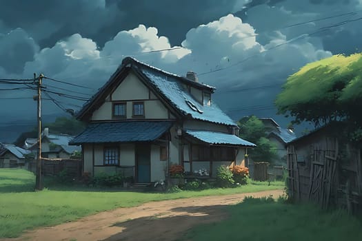 A house with a blue roof and a dirt road. High quality photo