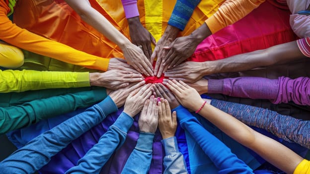 A diverse group of people holding hands in a circle, with a vibrant rainbow flag in the center, symbolizing unity, pride, and love.