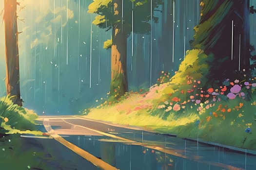 A road with flowers and trees in the background. High quality photo
