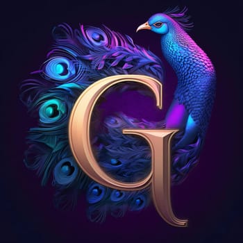 Graphic alphabet letters: Letter G with peacock in the style of zodiac sign.