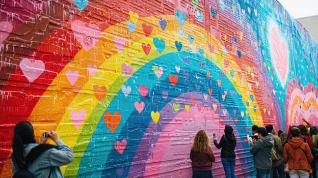 A colorful mural featuring a rainbow and heart motifs, with people taking photos and celebrating around it, capturing the spirit of pride and love.