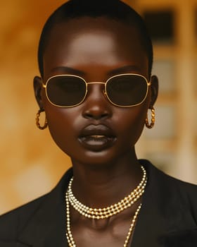 A closeup shot of a woman wearing stylish sunglasses and a beautiful pearl necklace, showcasing a perfect blend of eyewear and jewellery fashion design