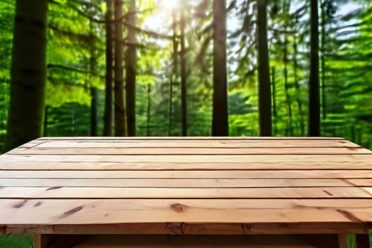 A wooden table in front of trees. High quality photo