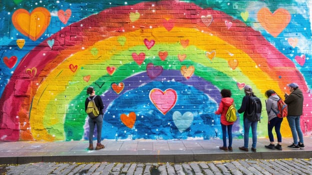 A colorful mural featuring a rainbow and heart motifs, with people taking photos and celebrating around it, capturing the spirit of pride and love.