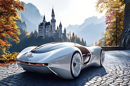 A white car on a road with a castle in the background. High quality photo