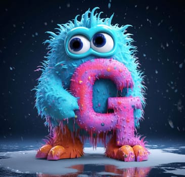 Graphic alphabet letters: Funny monster with big eyes and pink body, 3d rendering