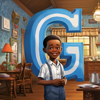 Graphic alphabet letters: Cartoon happy african american boy in the room with letter G