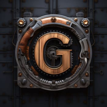 Graphic alphabet letters: The letter G in the form of a shield on the background of the lock. 3D rendering