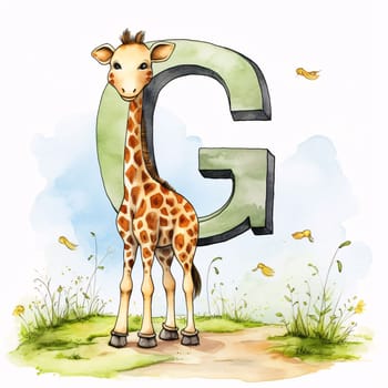 Graphic alphabet letters: Cute giraffe with letter G. Watercolor hand drawn illustration