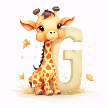 Graphic alphabet letters: Cute cartoon giraffe with letter G. Vector illustration of animal alphabet.