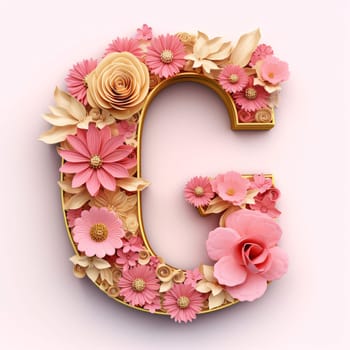 Graphic alphabet letters: Letter G made of flowers. Floral font. 3D rendering