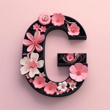 Graphic alphabet letters: 3d render of black letter G decorated with flowers on pink background