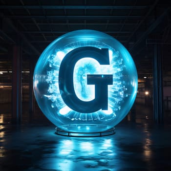 Graphic alphabet letters: Glowing blue letter G in a glass sphere. 3D rendering