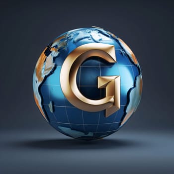 Graphic alphabet letters: Earth Globe with Greek Letter G 3D render illustration on dark background