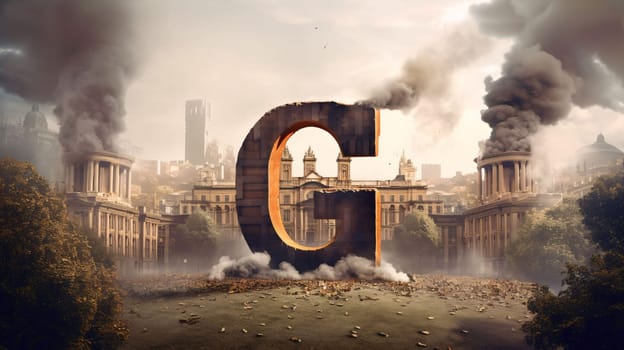 Graphic alphabet letters: Conceptual image of a large city with black smoke coming out of the letter G