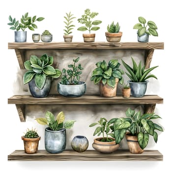 A rectangular wooden shelf displaying a variety of houseplants in flowerpots. The green plants stand out against the white background, creating a botanical centerpiece perfect for any room