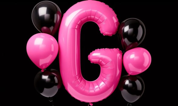 Graphic alphabet letters: Letter G pink balloon with black balloons on a black background. 3D Rendering