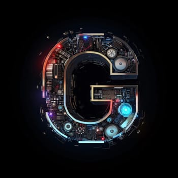 Graphic alphabet letters: 3d rendering of letter G in futuristic style isolated on black background
