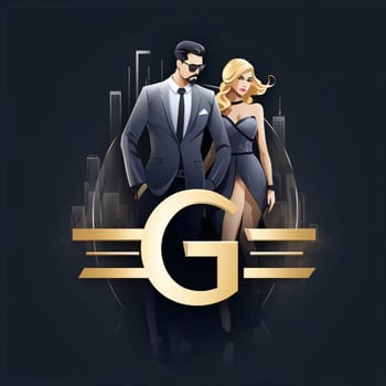 Graphic alphabet letters: Businessman and businesswoman with gold letter G. Vector illustration.