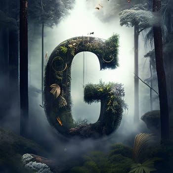 Graphic alphabet letters: Letter G in the forest. 3D render. Fantasy illustration.