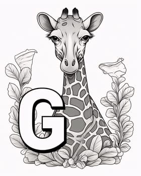 Graphic alphabet letters: G letter with giraffe and leaves. Vector illustration for coloring book.